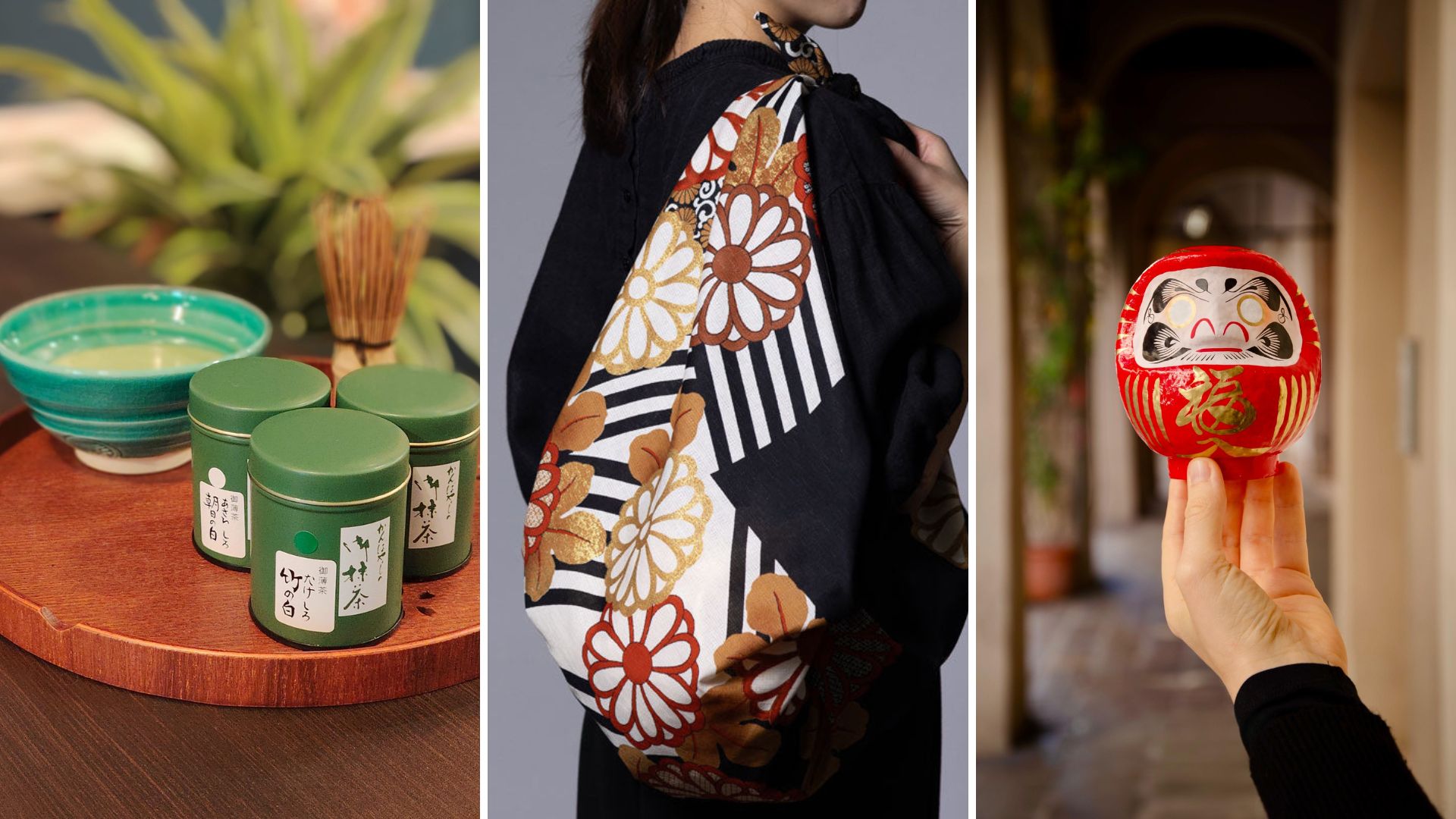 Collage di tre momenti legati alla cultura giapponese: a sinistra, tè matcha e accessori per la cerimonia; al centro, un furoshiki indossato come borsa con motivo a crisantemi; a destra, un Daruma rosso tenuto in mano, simbolo di resilienza. Ogni immagine celebra l’arte, la tradizione e la funzionalità doggetti giapponesi."