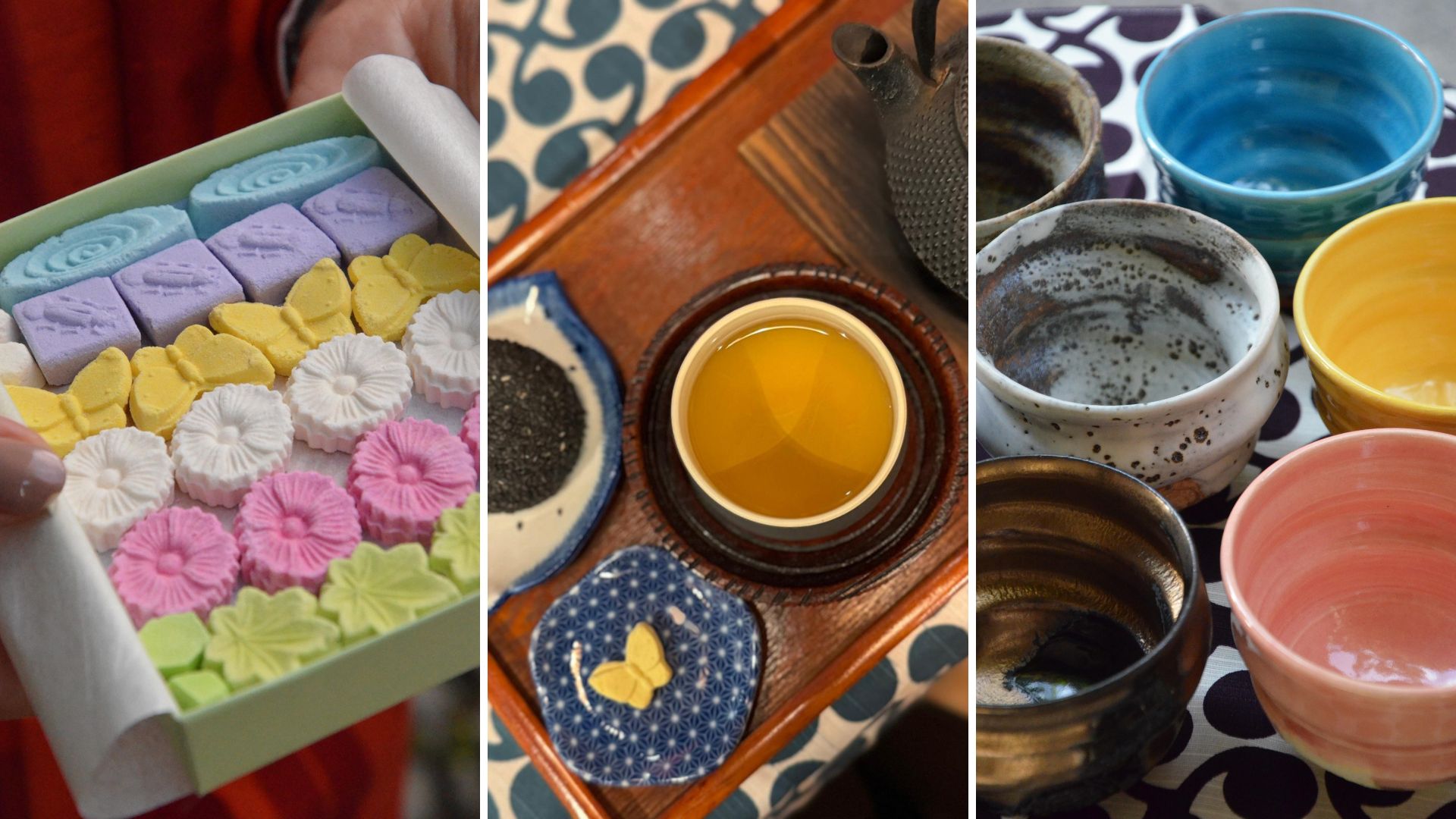 Tre momenti di tradizione giapponese: a sinistra, una scatola di dolcetti wagashi a forma di fiori e farfalle, colorati e artigianali; al centro, una tazza di tè verde matcha servito su un vassoio in legno con ceramiche tradizionali e un piattino decorato con una farfalla; a destra, una selezione di tazze in ceramica Kyoyaki e Ninshu, ognuna con smalti e forme uniche, pronte per una cerimonia del tè.