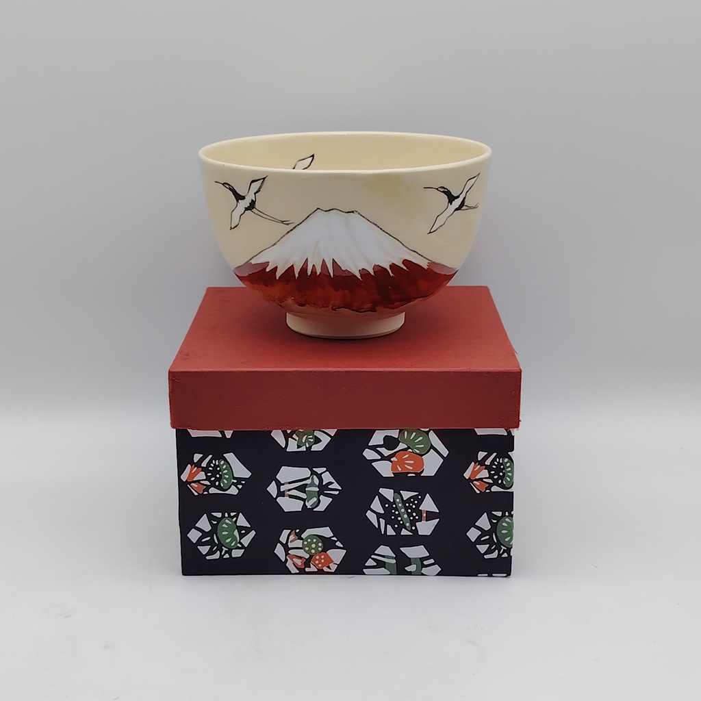 Chawan in ceramica Kyoyaki "Monte Fuji rosso e Gru" - immagine 2