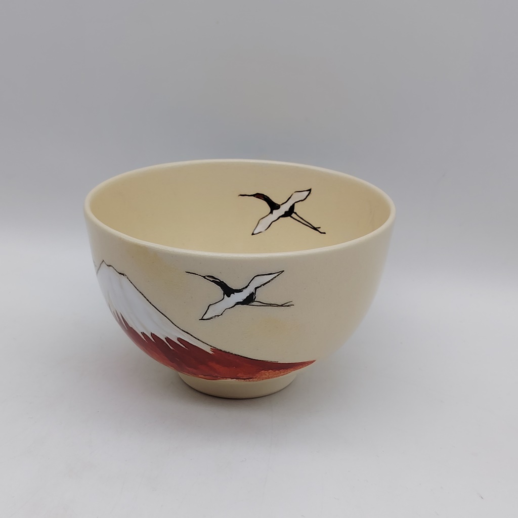 Chawan in ceramica Kyoyaki "Monte Fuji rosso e Gru" - immagine 4