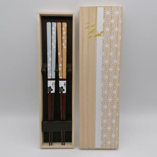 Coppia di bacchette con sakura e scatola in legno "Hisho"