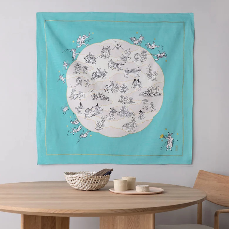 Furoshiki Choju-Jinbutsu-Giga con foglia di loto, turchese - 100cm - immagine 3