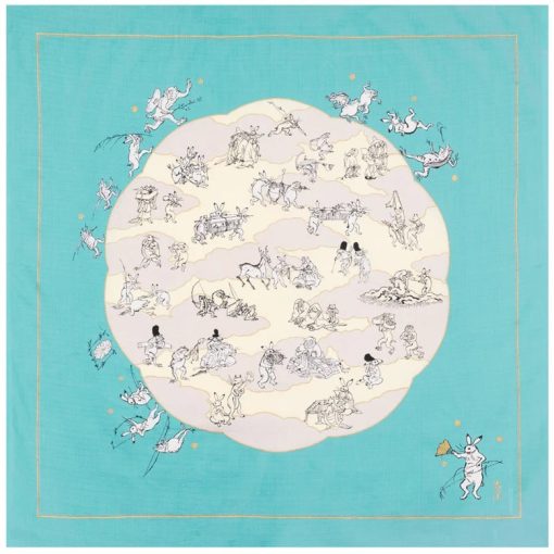 Furoshiki Choju-Jinbutsu-Giga con foglia di loto, turchese - 100cm