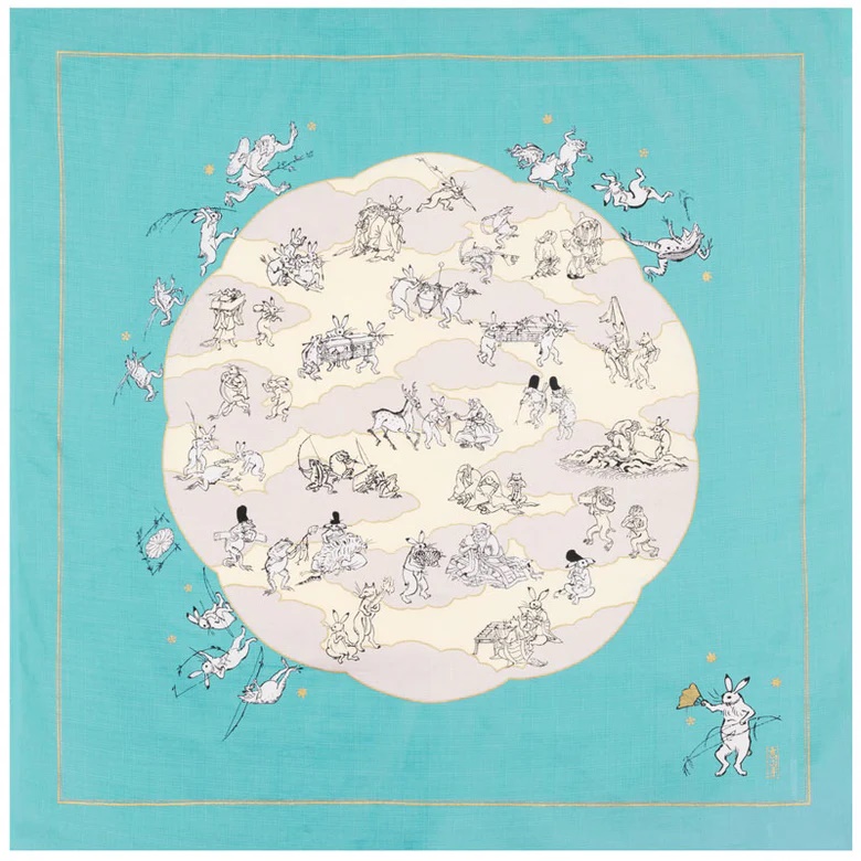 Furoshiki Choju-Jinbutsu-Giga con foglia di loto, turchese - 100cm