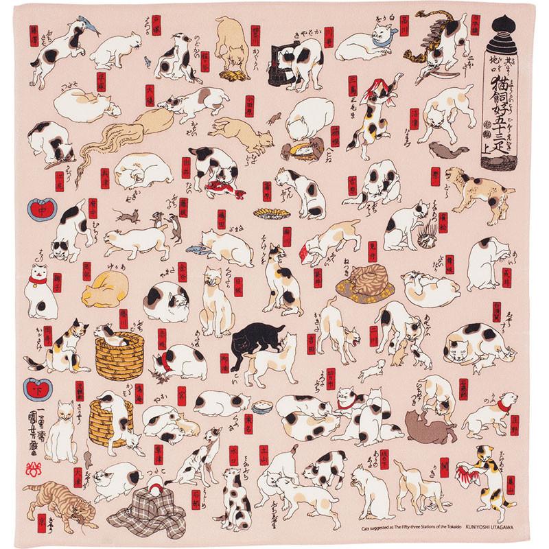 Furoshiki Ukiyo-e Kuniyoshi "Gatti come le 53 stazioni della Tokaido" 104cm