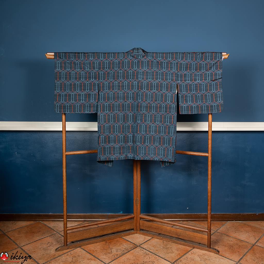 Haori da donna in seta Tsumugi blu con motivo geometrico - immagine 4
