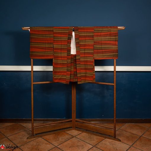 Haori da donna in seta a fasce orizzontali di colore arancio e verde