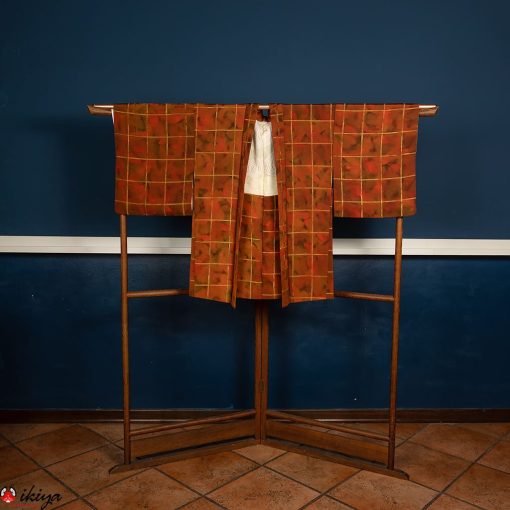 Haori da donna in seta arancione ad effetto sfumato con fantasia a quadri