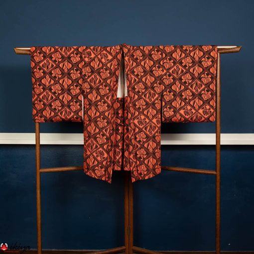 Haori da donna in seta marrone e arancio con fantasia floreale