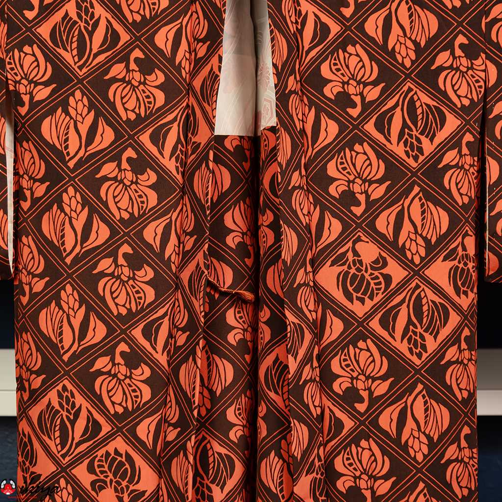 Haori da donna in seta marrone e arancio con fantasia floreale - immagine 3