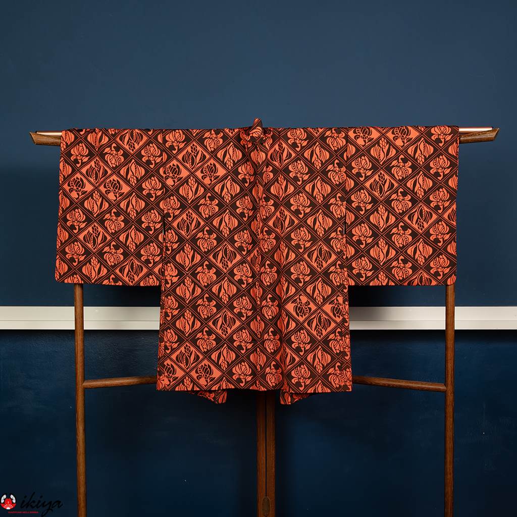 Haori da donna in seta marrone e arancio con fantasia floreale - immagine 4