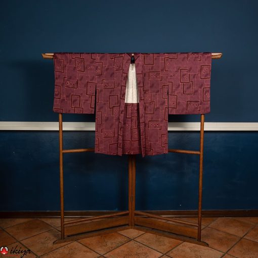 Haori da donna in seta damascata color viola/vinaccia con motivo astratto