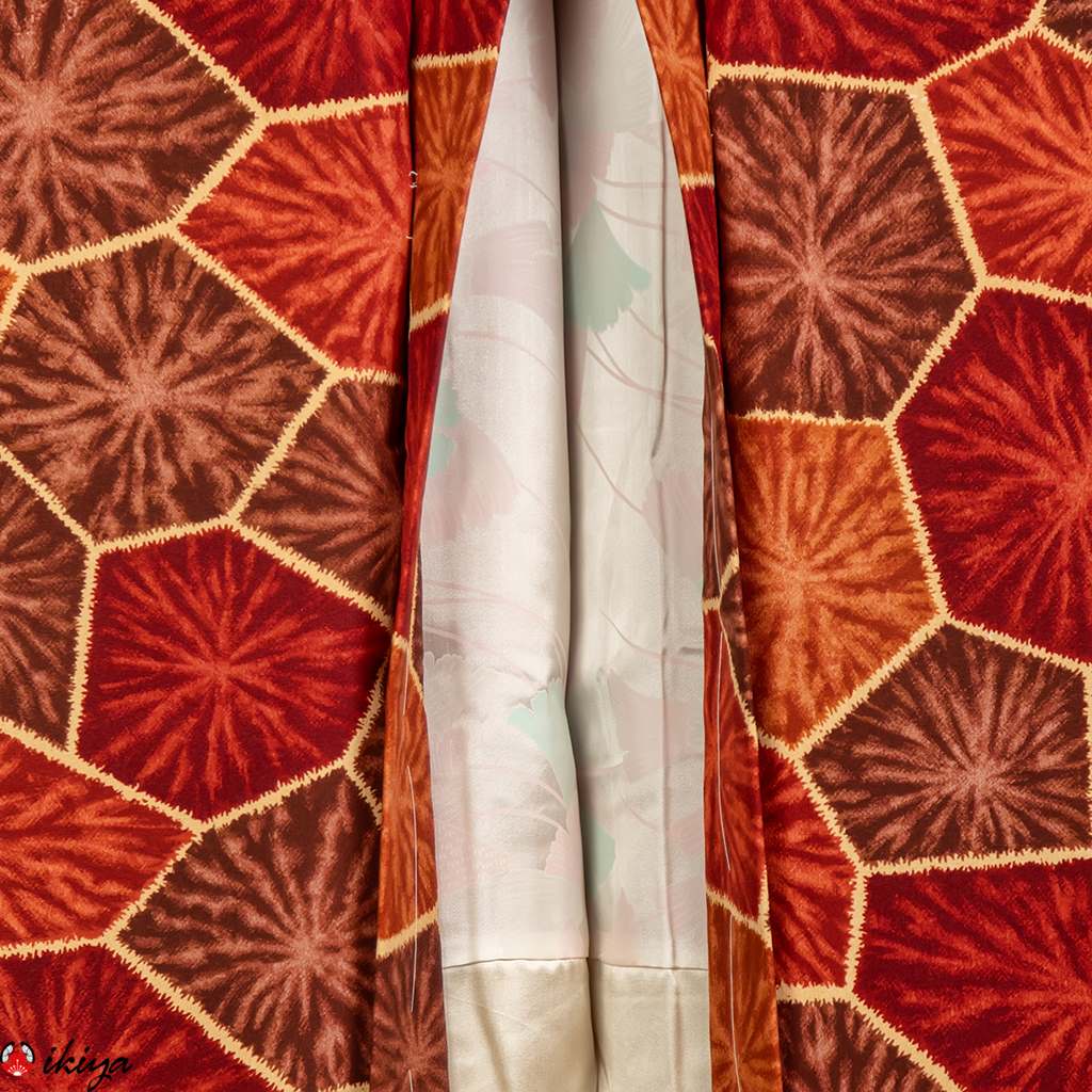 Haori da donna in seta rosso scuro con motivo geometrico - immagine 4