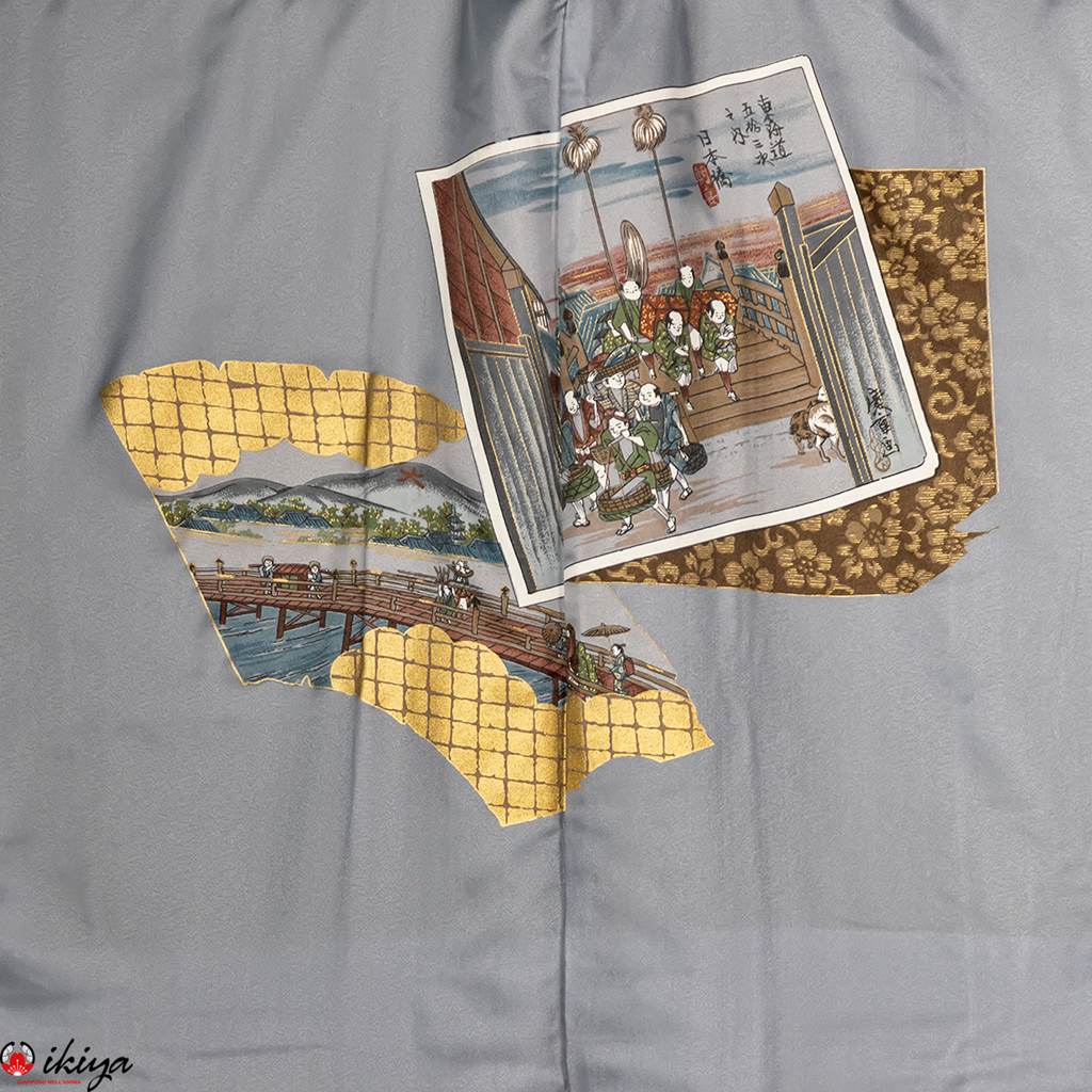 Haori da uomo in seta blu con stampa di Hiroshige - immagine 6