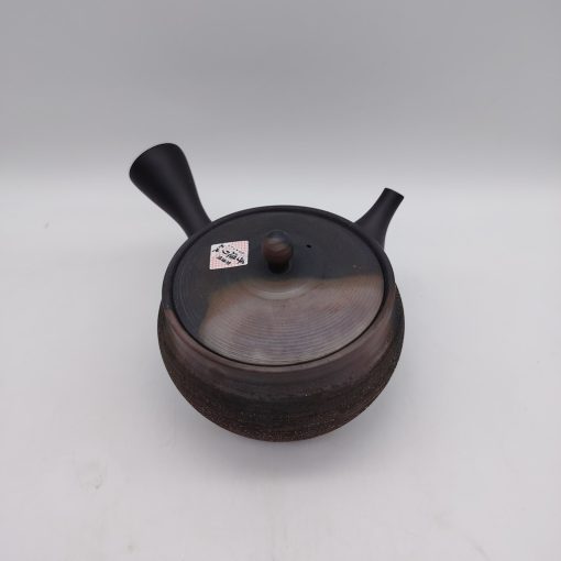 Teiera giapponese "kyusu" in ceramica nera con sfumatura marrone ed effetto a corteccia di pino