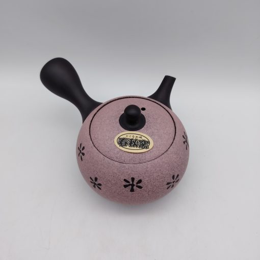 Teiera giapponese in ceramica nera e rosa decorata con fiori