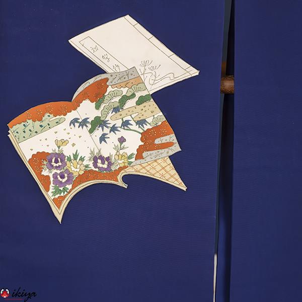 Nagoya obi in seta blu con libri dipinti - immagine 2