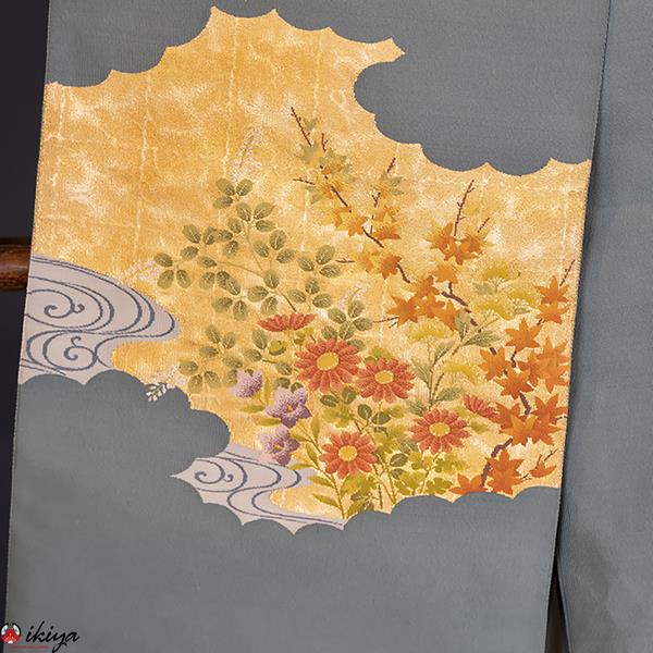 Nagoya obi in seta turchese con fiori e piante autunnali - immagine 2