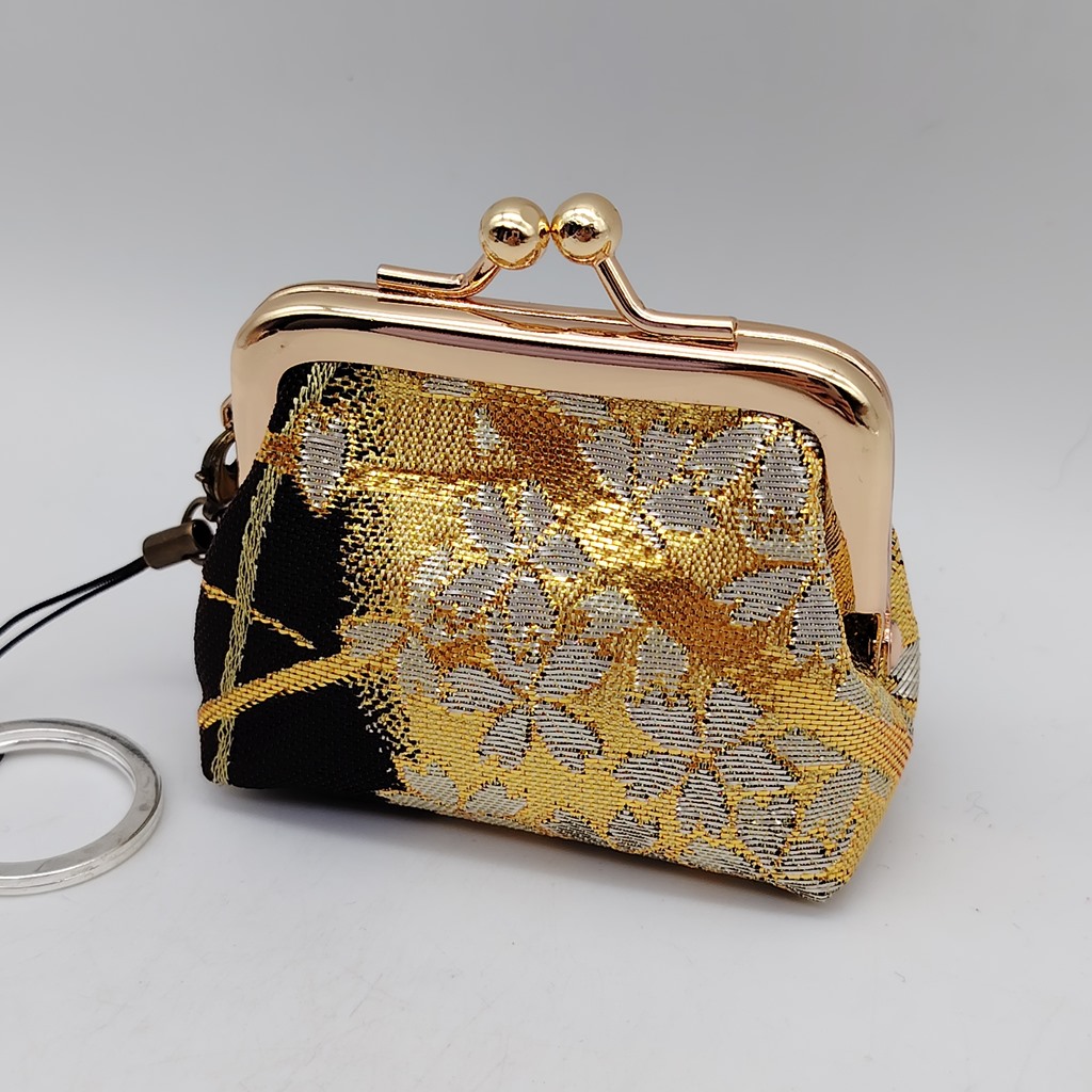 Portamonete portachiavi artigianale da Kyoto - nero/oro con sakura - immagine 2